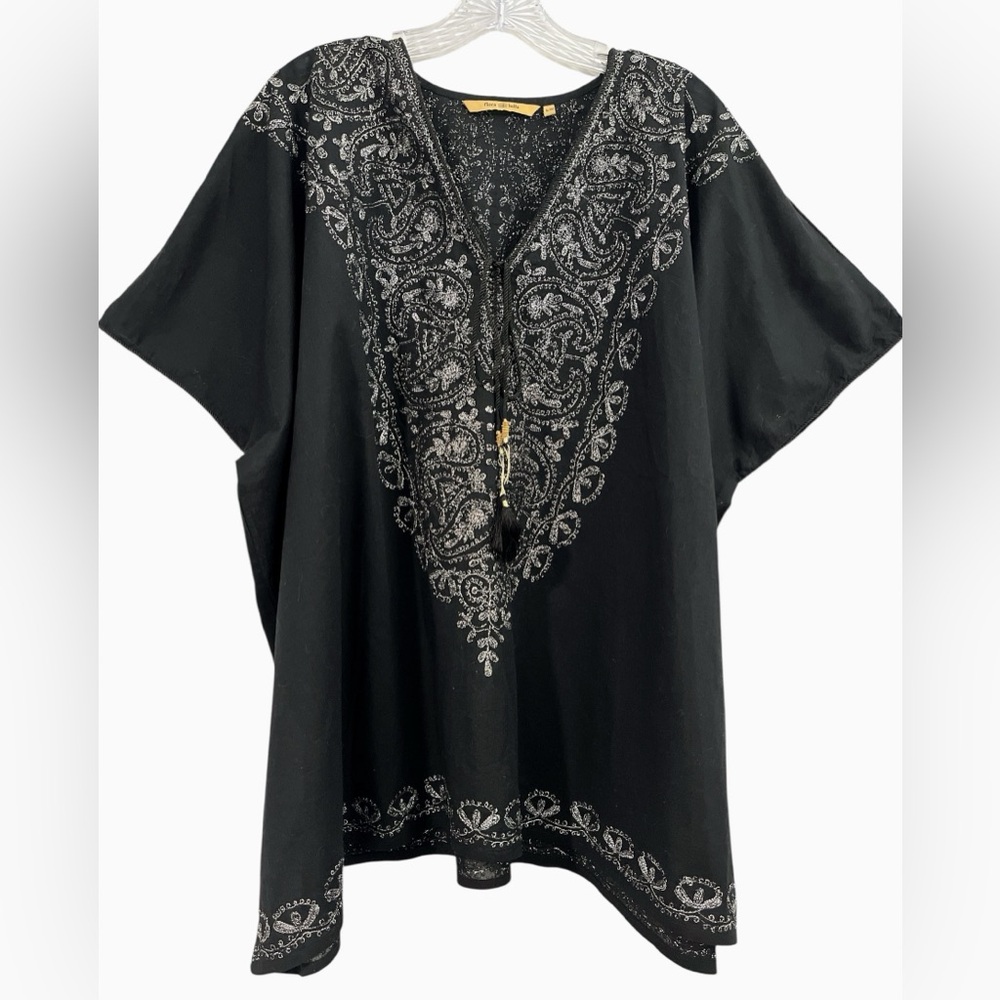 Flora Bella Embroidered Black/Silver 100% Cotton Women's Kaftan Top
